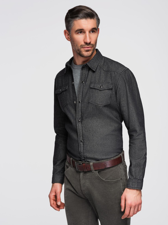 Ombre Clothing Férfi farmer ing gombokkal és zsebekkal - fekete V3 OM-SHDS-0210 Ombre Clothing