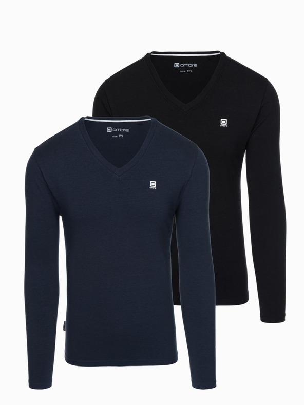 Ombre Clothing Férfi hosszú ujjú SLIM FIT szett V-nyakkivágással és logóval 2-csomag - sötétkék/fekete vegyes V3 Z103 Ombre Clothing