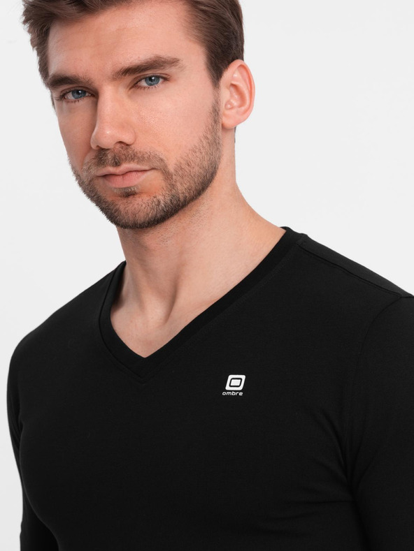Ombre Clothing Férfi hosszú ujjú SLIM FIT szett V-nyakkivágással és logóval 2-csomag - sötétkék/fekete vegyes V3 Z103 Ombre Clothing