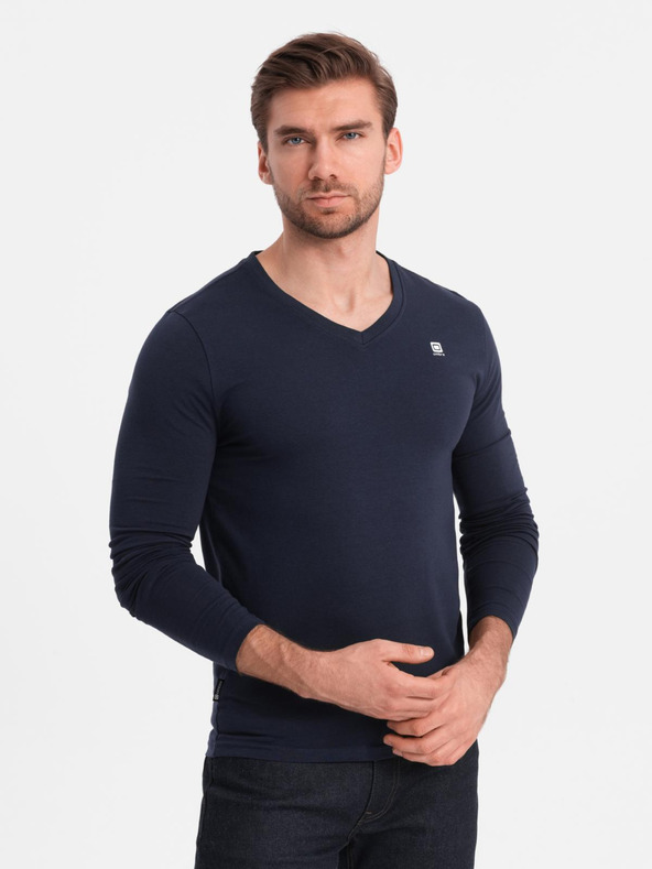 Ombre Clothing Férfi hosszú ujjú SLIM FIT szett V-nyakkivágással és logóval 2-csomag - sötétkék/fekete vegyes V3 Z103 Ombre Clothing
