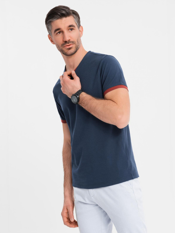 Ombre Clothing Férfi póló kontraszt betétekkel és nyakkivágással - sötétkék V1 OM-TSCT-0198 Ombre Clothing