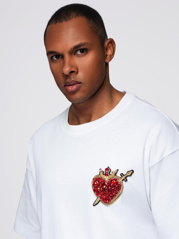 Ombre Clothing Férfi pamut póló ékszer applikációval a mellén - krémfehér V2 OM-TSCT-0290 Ombre Clothing