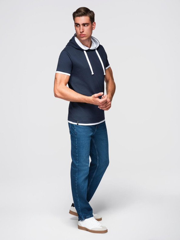 Ombre Clothing Férfi pamut kapucnis póló - sötét kék V4 OM-TSCT-0256 Ombre Clothing