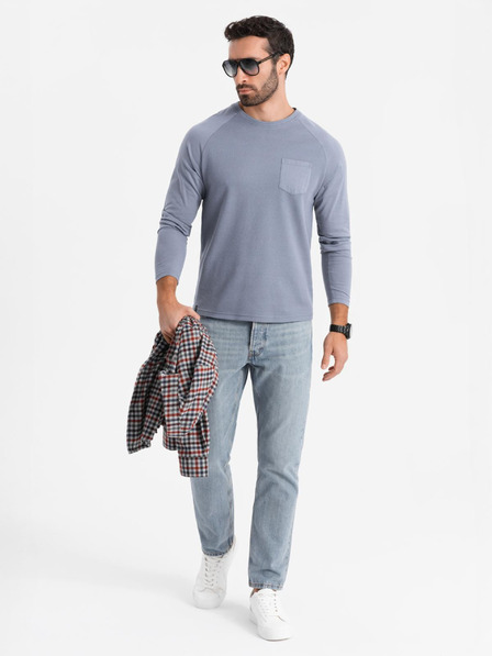 Ombre Clothing Férfi pamut hosszú ujjak gofri szövettel és zsebekkal - kék denim V8 OM-LSCL-0109 Ombre Clothing
