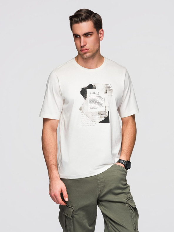 Ombre Clothing Férfi pamut póló érdekes nyomattal a mellén - fehér V2 OM-TSPT-0261 Ombre Clothing