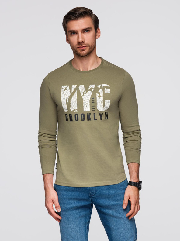 Ombre Clothing Férfi póló városi nyomattal és hosszú ujjal - oliva V1 OM-LSPT-0131 Ombre Clothing