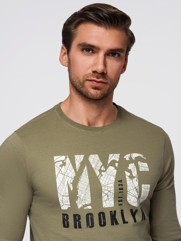 Ombre Clothing Férfi póló városi nyomattal és hosszú ujjal - oliva V1 OM-LSPT-0131 Ombre Clothing