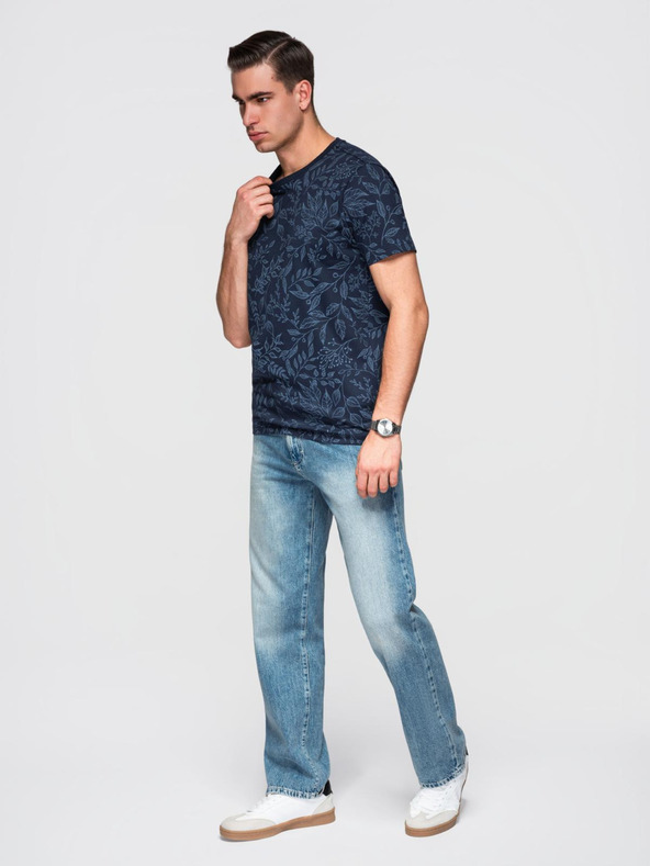 Ombre Clothing Férfi pamut póló virágmintás nyomattal - sötét kék V4 OM-TSFP-0262 Ombre Clothing