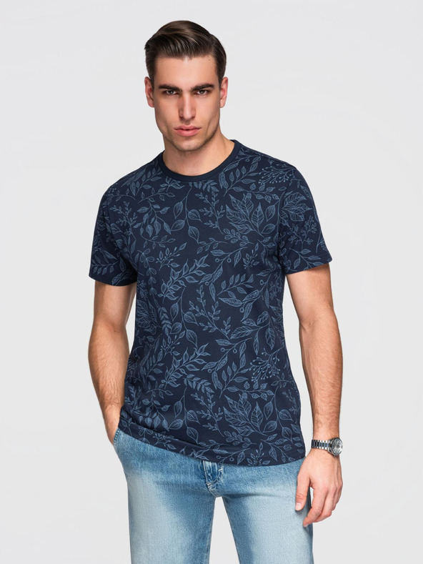 Ombre Clothing Férfi pamut póló virágmintás nyomattal - sötét kék V4 OM-TSFP-0262 Ombre Clothing