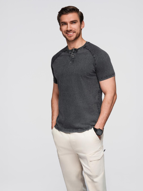 Ombre Clothing Férfi póló mosott hatással és gombokkal a nyakkivágásnál - fekete V1 OM-TSWT-0150 Ombre Clothing