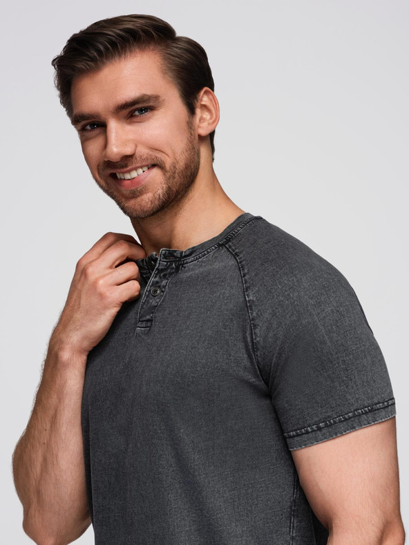 Ombre Clothing Férfi póló mosott hatással és gombokkal a nyakkivágásnál - fekete V1 OM-TSWT-0150 Ombre Clothing