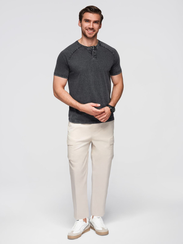 Ombre Clothing Férfi póló mosott hatással és gombokkal a nyakkivágásnál - fekete V1 OM-TSWT-0150 Ombre Clothing