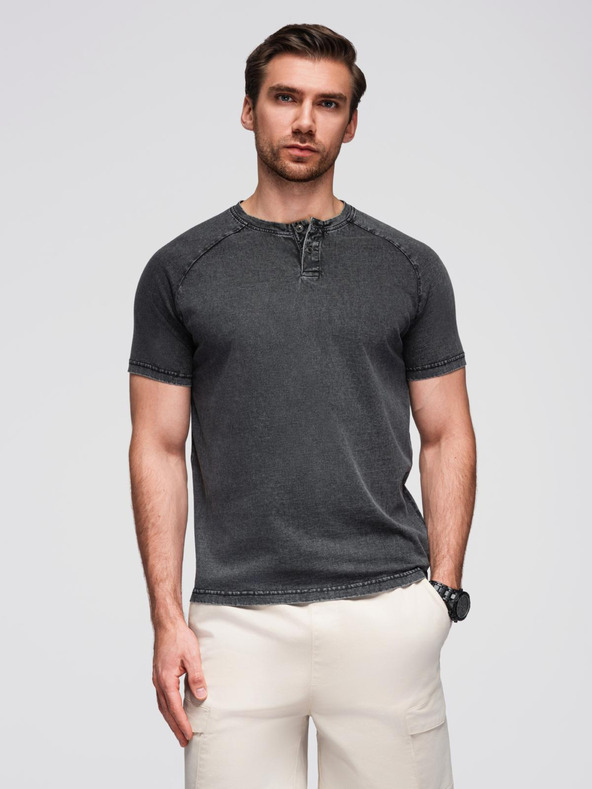 Ombre Clothing Férfi póló mosott hatással és gombokkal a nyakkivágásnál - fekete V1 OM-TSWT-0150 Ombre Clothing