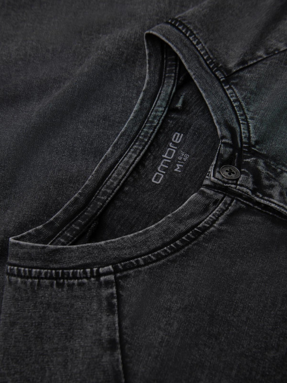 Ombre Clothing Férfi póló mosott hatással és gombokkal a nyakkivágásnál - fekete V1 OM-TSWT-0150 Ombre Clothing