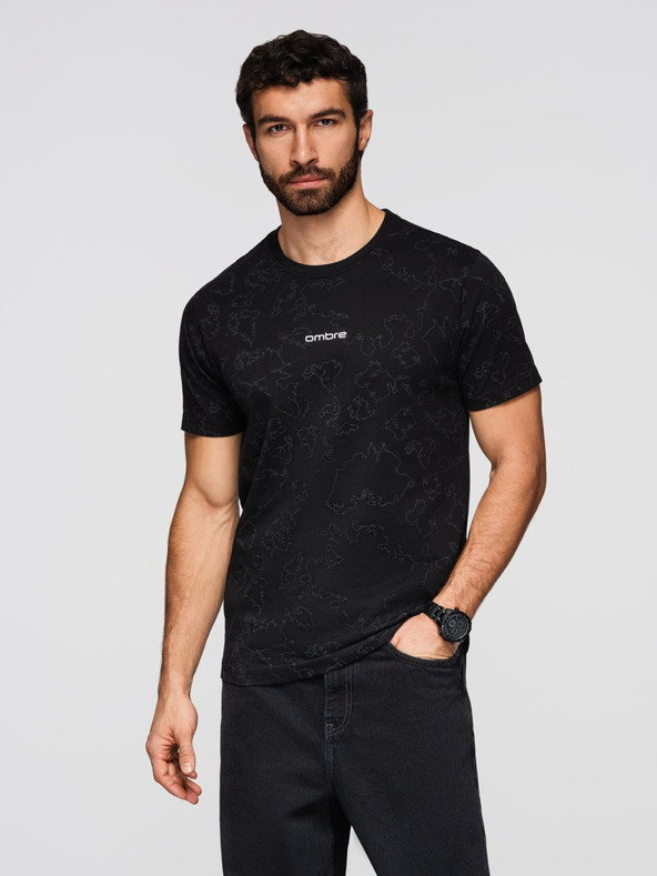 Ombre Clothing Férfi pamut póló teljes felületű nyomattal és "ombre" felirattal a mellkason - fekete V1 OM-TSFP-0263 Ombre Clothing