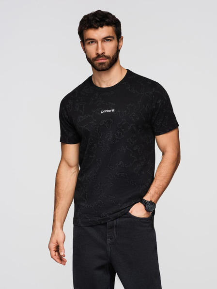 Ombre Clothing Férfi pamut póló teljes felületű nyomattal és "ombre" felirattal a mellkason - fekete V1 OM-TSFP-0263 Ombre Clothing