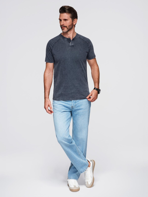 Ombre Clothing Férfi mosott hatású póló gombokkal a nyakkivágásnál - sötétkék V2 OM-TSWT-0150 Ombre Clothing