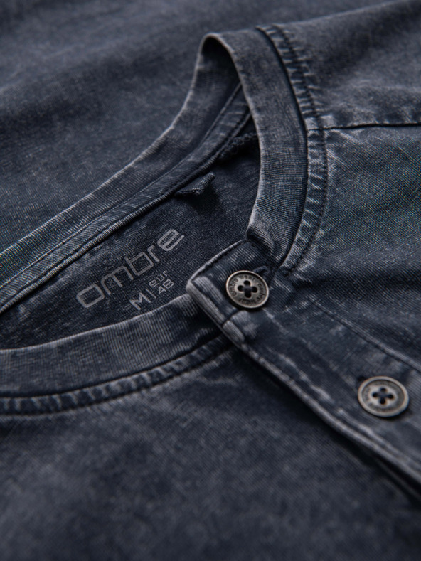 Ombre Clothing Férfi mosott hatású póló gombokkal a nyakkivágásnál - sötétkék V2 OM-TSWT-0150 Ombre Clothing