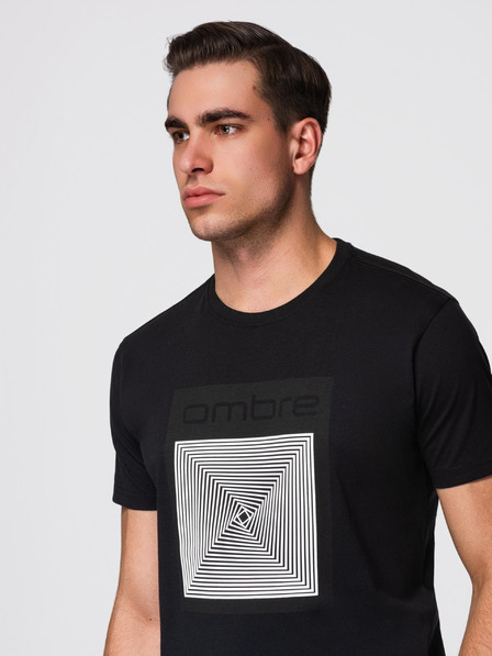 Ombre Clothing Férfi pamut póló geometrikus nyomattal - fekete V1 OM-TSPT-0260 Ombre Clothing