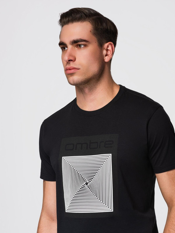 Ombre Clothing Férfi pamut póló geometrikus nyomattal - fekete V1 OM-TSPT-0260 Ombre Clothing