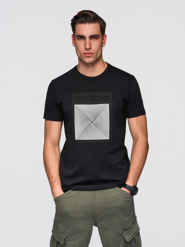 Ombre Clothing Férfi pamut póló geometrikus nyomattal - fekete V1 OM-TSPT-0260 Ombre Clothing