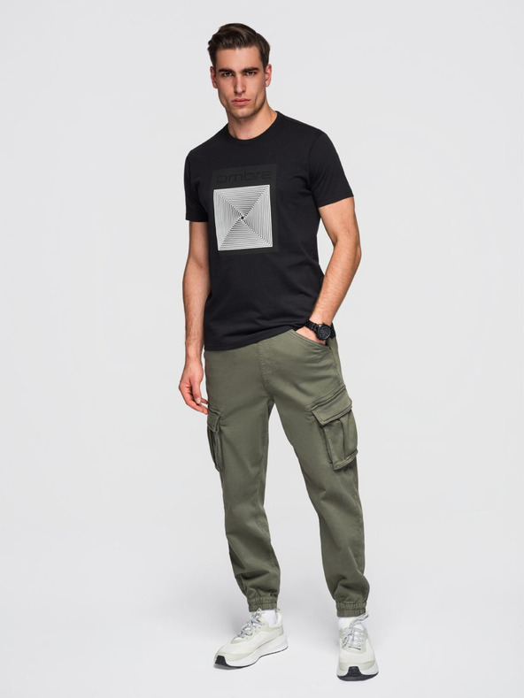 Ombre Clothing Férfi pamut póló geometrikus nyomattal - fekete V1 OM-TSPT-0260 Ombre Clothing