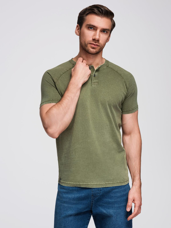 Ombre Clothing Férfi mosott hatású póló gombokkal a nyakkivágásnál - olívazöld V4 OM-TSWT-0150 Ombre Clothing