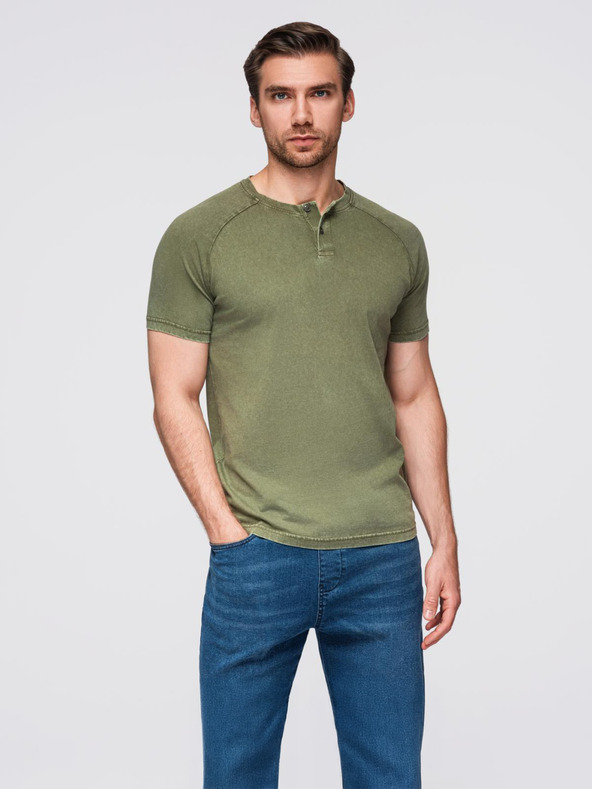 Ombre Clothing Férfi mosott hatású póló gombokkal a nyakkivágásnál - olívazöld V4 OM-TSWT-0150 Ombre Clothing