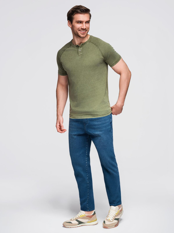 Ombre Clothing Férfi mosott hatású póló gombokkal a nyakkivágásnál - olívazöld V4 OM-TSWT-0150 Ombre Clothing