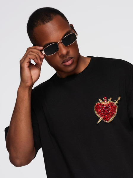 Ombre Clothing Férfi pamut póló ékszer applikációval a mellkason - fekete V1 OM-TSCT-0290 Ombre Clothing