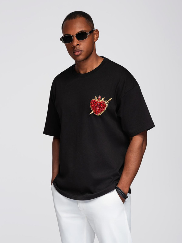 Ombre Clothing Férfi pamut póló ékszer applikációval a mellkason - fekete V1 OM-TSCT-0290 Ombre Clothing