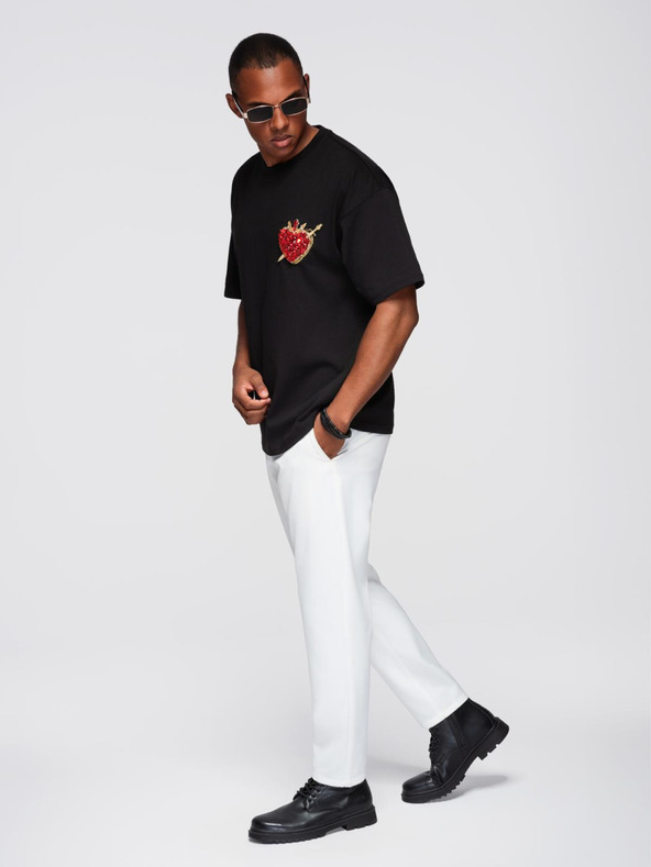 Ombre Clothing Férfi pamut póló ékszer applikációval a mellkason - fekete V1 OM-TSCT-0290 Ombre Clothing