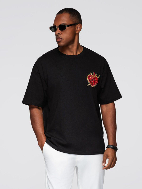 Ombre Clothing Férfi pamut póló ékszer applikációval a mellkason - fekete V1 OM-TSCT-0290 Ombre Clothing