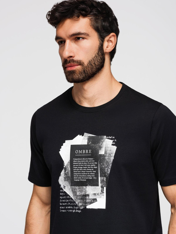 Ombre Clothing Férfi pamut póló érdekes mellnyomattal - fekete V1 OM-TSPT-0261 Ombre Clothing