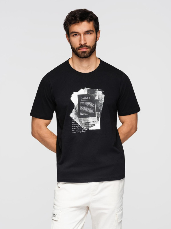 Ombre Clothing Férfi pamut póló érdekes mellnyomattal - fekete V1 OM-TSPT-0261 Ombre Clothing
