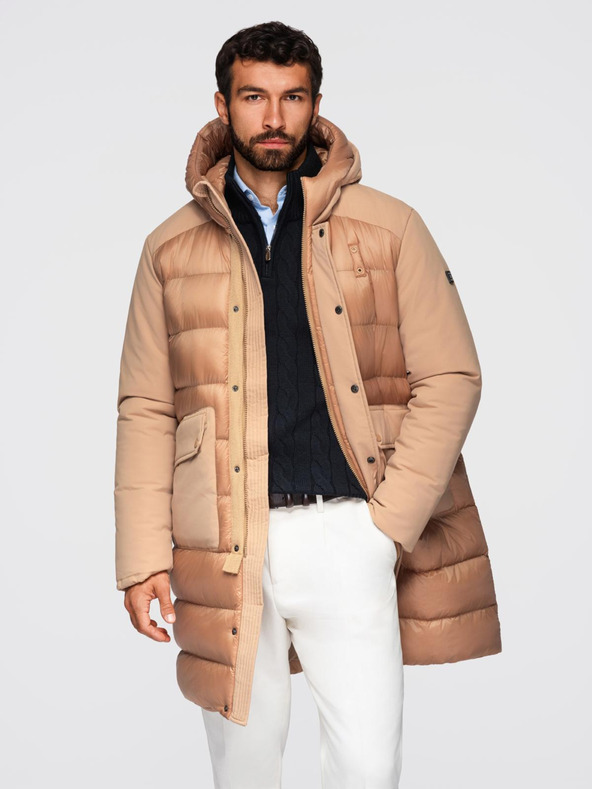 Ombre Clothing Férfi hosszú steppelt kabát nagy zsebekből - bézs V2 OM-JALJ-0308 Ombre Clothing
