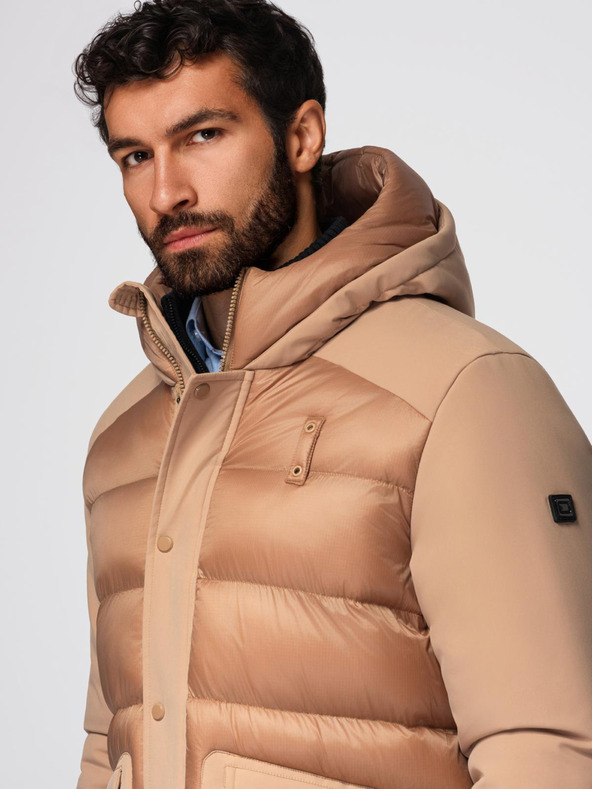 Ombre Clothing Férfi hosszú steppelt kabát nagy zsebekből - bézs V2 OM-JALJ-0308 Ombre Clothing