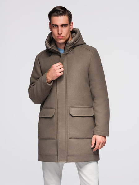 Ombre Clothing Férfi gyapjú parka kabát kapucnival - khaki V2 OM-COWC-0132 Ombre Clothing
