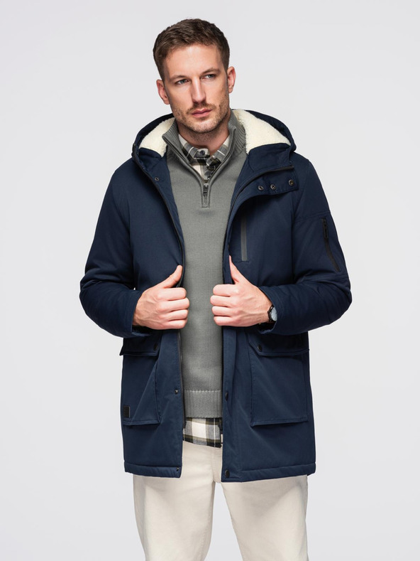 Ombre Clothing Férfi hosszú parka kabát birka bőrrel - sötétkék V2 OM-JAPJ-0316 Ombre Clothing