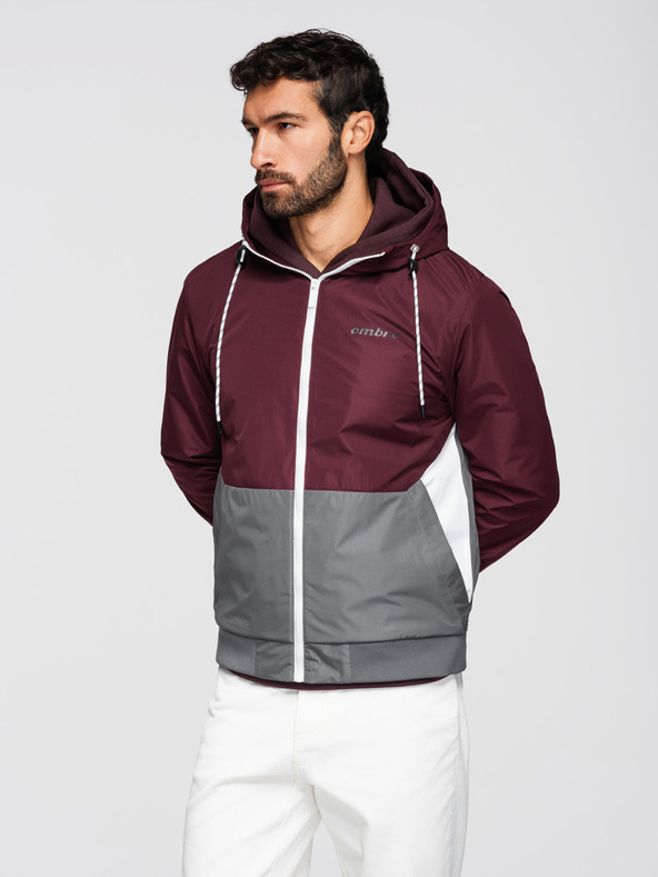 Ombre Clothing Férfi könnyű kabát regular fit béléssel és kapucnival - burgundi szürke V3 OM-JANP-0242 Ombre Clothing