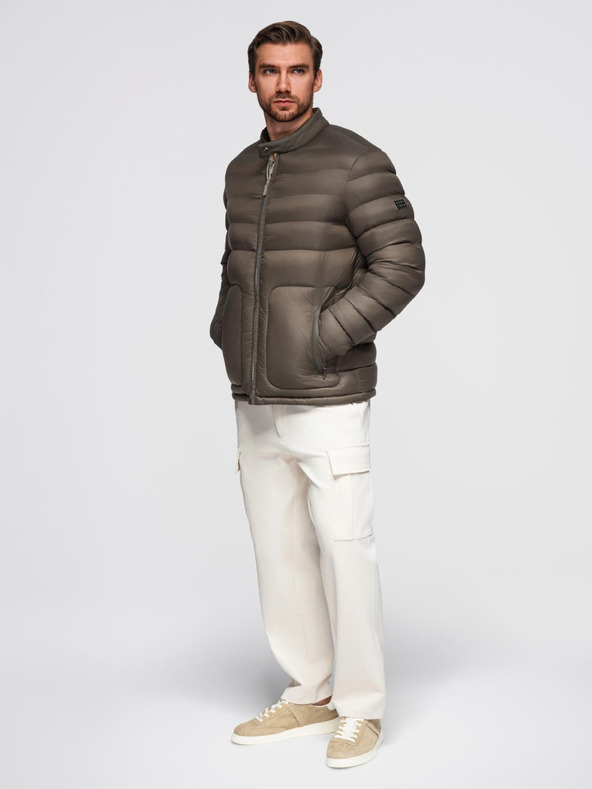 Ombre Clothing Férfi klasszikus steppelt kabát magas gallérral - olíva V3 OM-JALP-0261 Ombre Clothing