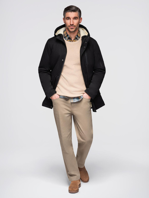 Ombre Clothing Férfi hosszú parka kabát birka bőrrel - fekete V4 OM-JAPJ-0316 Ombre Clothing