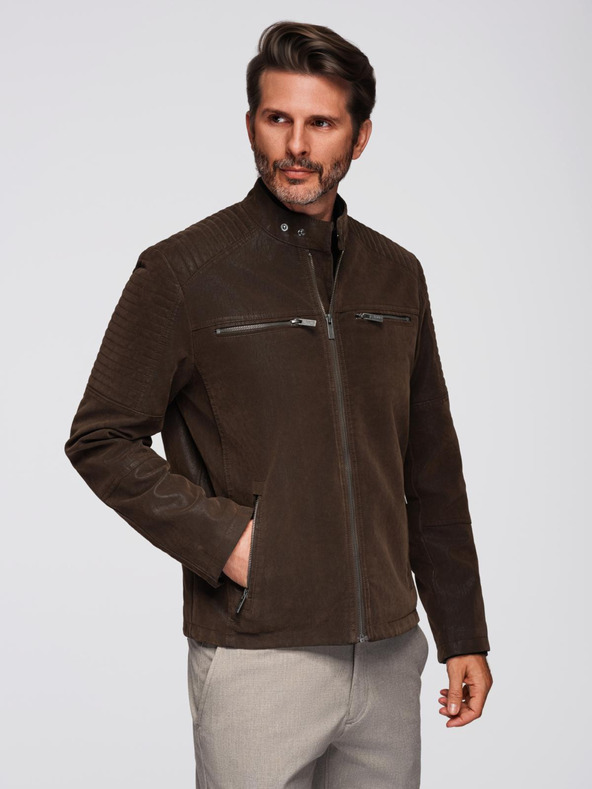 Ombre Clothing Férfi stilusos kabát eco-bőr anyagból álló gallérral - sötét barna V1 C637 Ombre Clothing