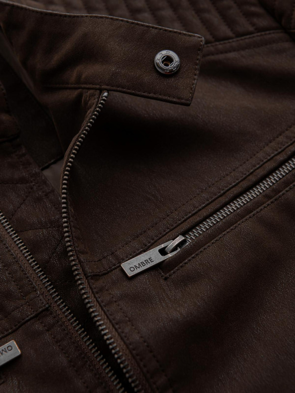 Ombre Clothing Férfi stilusos kabát eco-bőr anyagból álló gallérral - sötét barna V1 C637 Ombre Clothing
