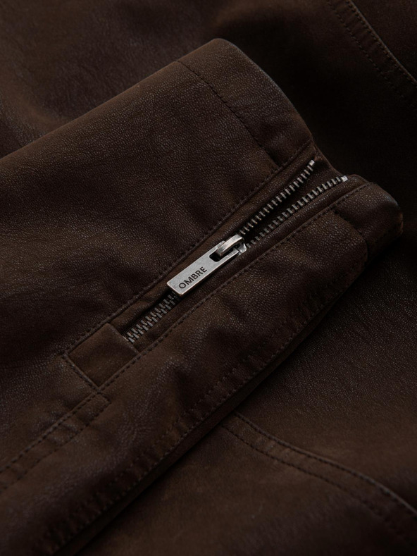 Ombre Clothing Férfi stilusos kabát eco-bőr anyagból álló gallérral - sötét barna V1 C637 Ombre Clothing