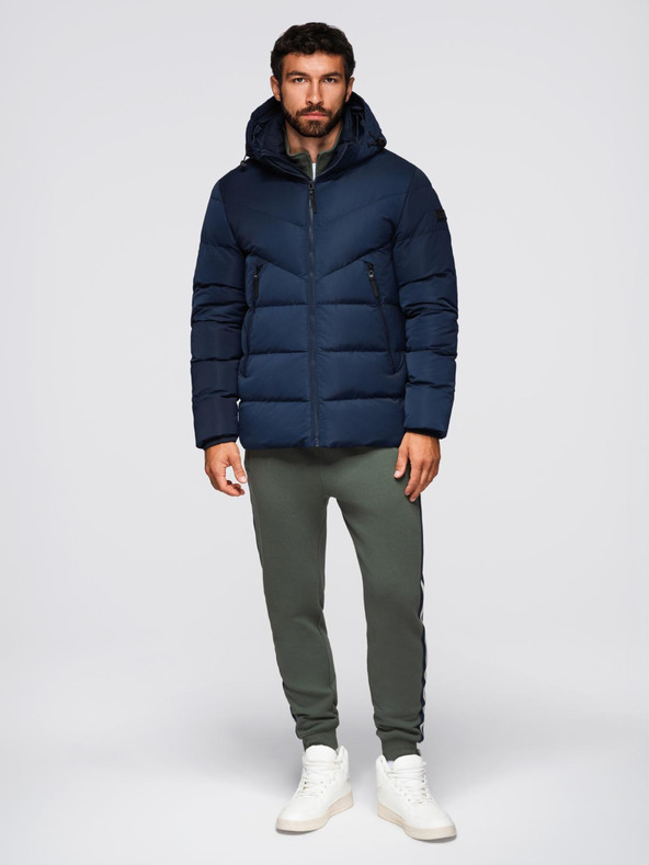 Ombre Clothing Férfi kabát aszimmetrikus steppelésével és kapucnival - sötétkék V4 OM-JAHP-0304 Ombre Clothing