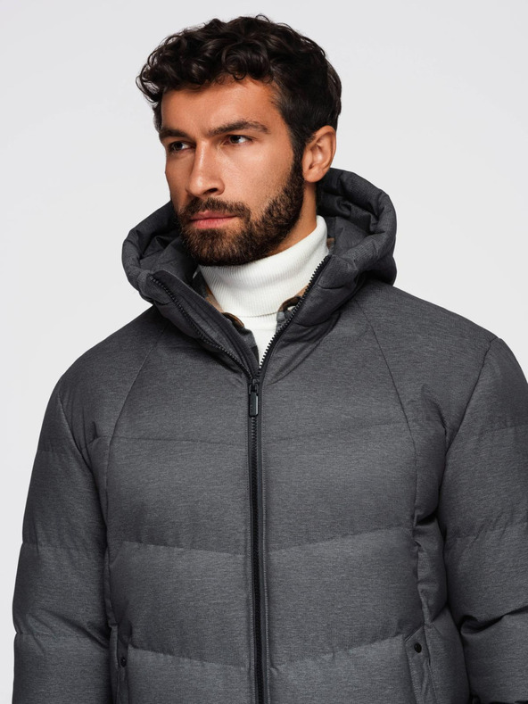 Ombre Clothing Férfi hosszú steppelt kabát kapucnival - szürke V2 OM-JALJ-0264 Ombre Clothing