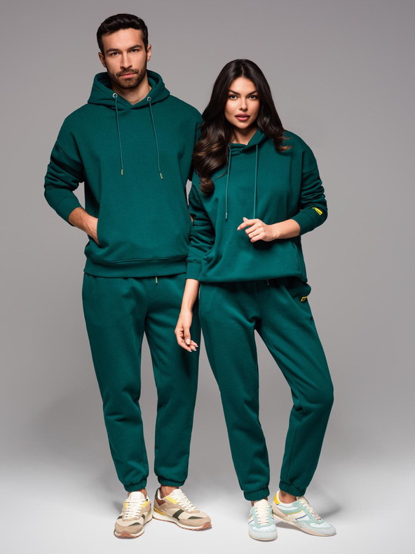 Ombre Clothing UNISEX melegítő szett kapucni nélküli pulóver + nadrág húzózsinórral athleisure stílusban - sötét zöld V17 Z111 Ombre Clothing