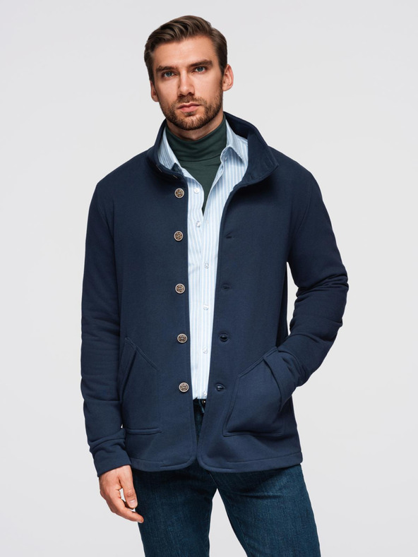 Ombre Clothing Férfi pulóver gombokkal és álló gallérral - sötétkék V4 OM-SSZP-0240 Ombre Clothing