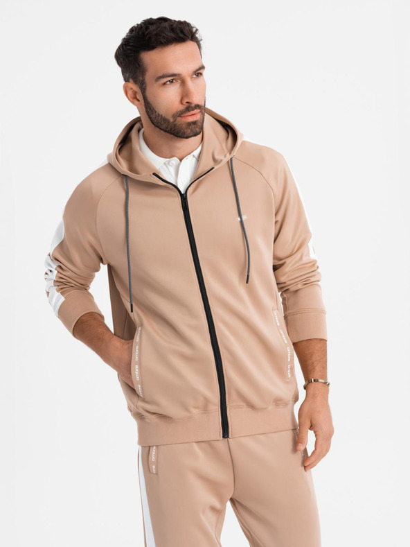 Ombre Clothing Férfi cipzáras kapucnis pulóver + jogger nadrág - bézs V4 Z118 Ombre Clothing